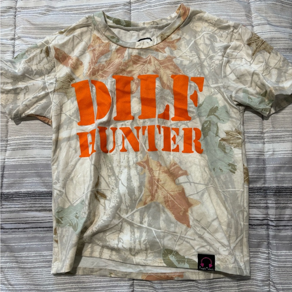 Spencer's Camo Crop Top with Orange Print